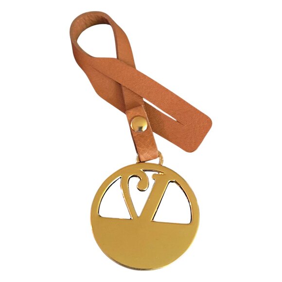 Valentina Brown Leather Gold-Toned Brass Keychain Strap Bag Charm Loop Hangtag - Picture 3 of 3